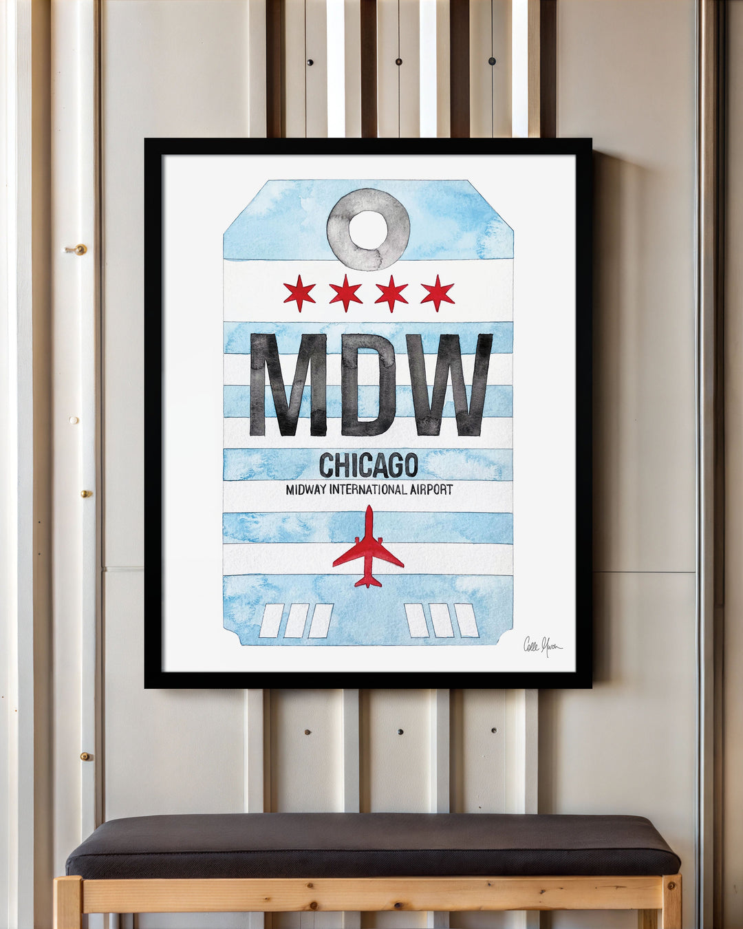Framed Watercolor Print of Chicago Midway International Airport (MDW) with a Black Frame