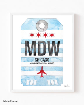 Framed Watercolor Print of Chicago Midway International Airport (MDW) with a White Frame