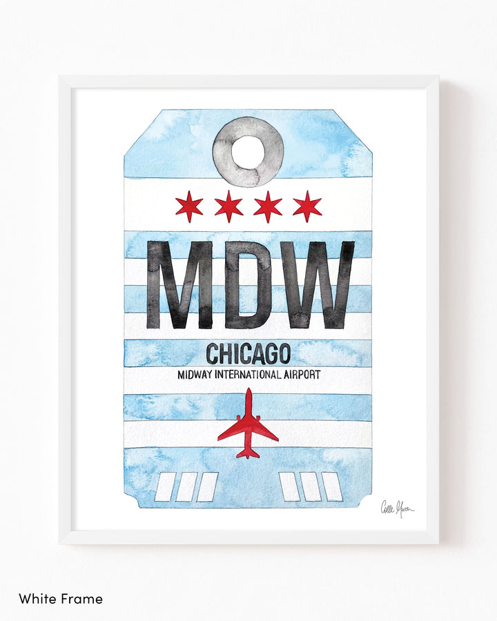 Framed Watercolor Print of Chicago Midway International Airport (MDW) with a White Frame