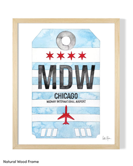 Framed Watercolor Print of Chicago Midway International Airport (MDW) with a Natural Wood Frame