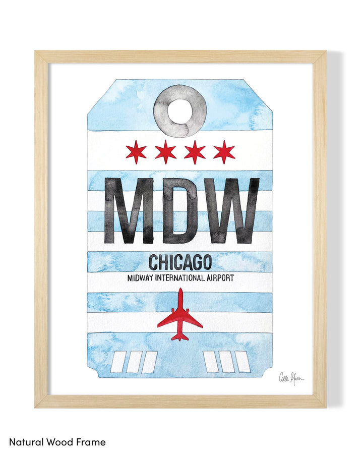 Framed Watercolor Print of Chicago Midway International Airport (MDW) with a Natural Wood Frame