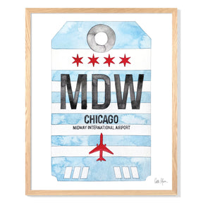 Framed Watercolor Print of Chicago Midway International Airport (MDW) with an Oak Frame
