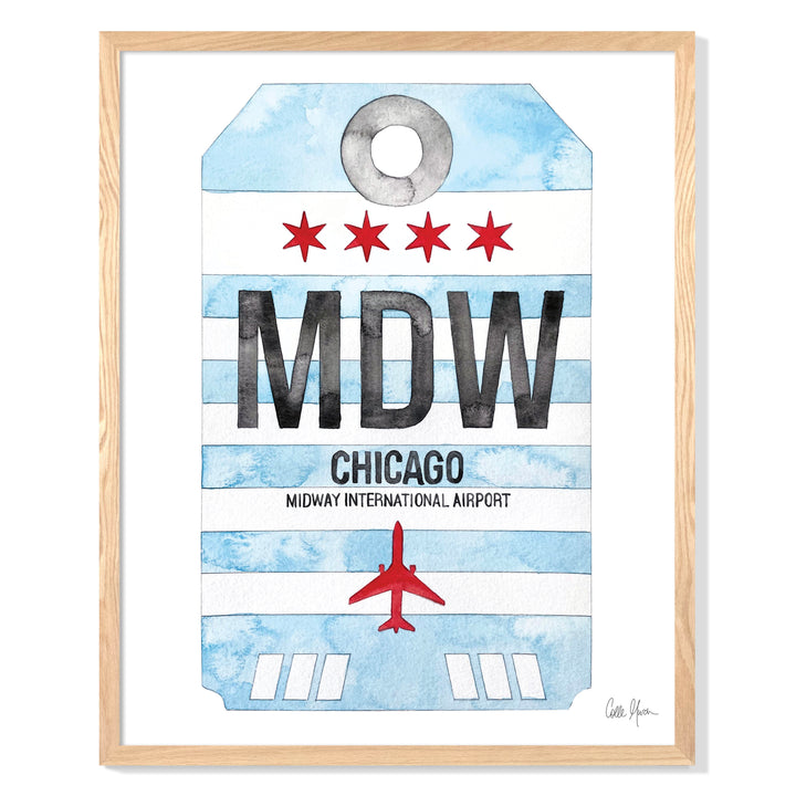 Framed Watercolor Print of Chicago Midway International Airport (MDW) with an Oak Frame