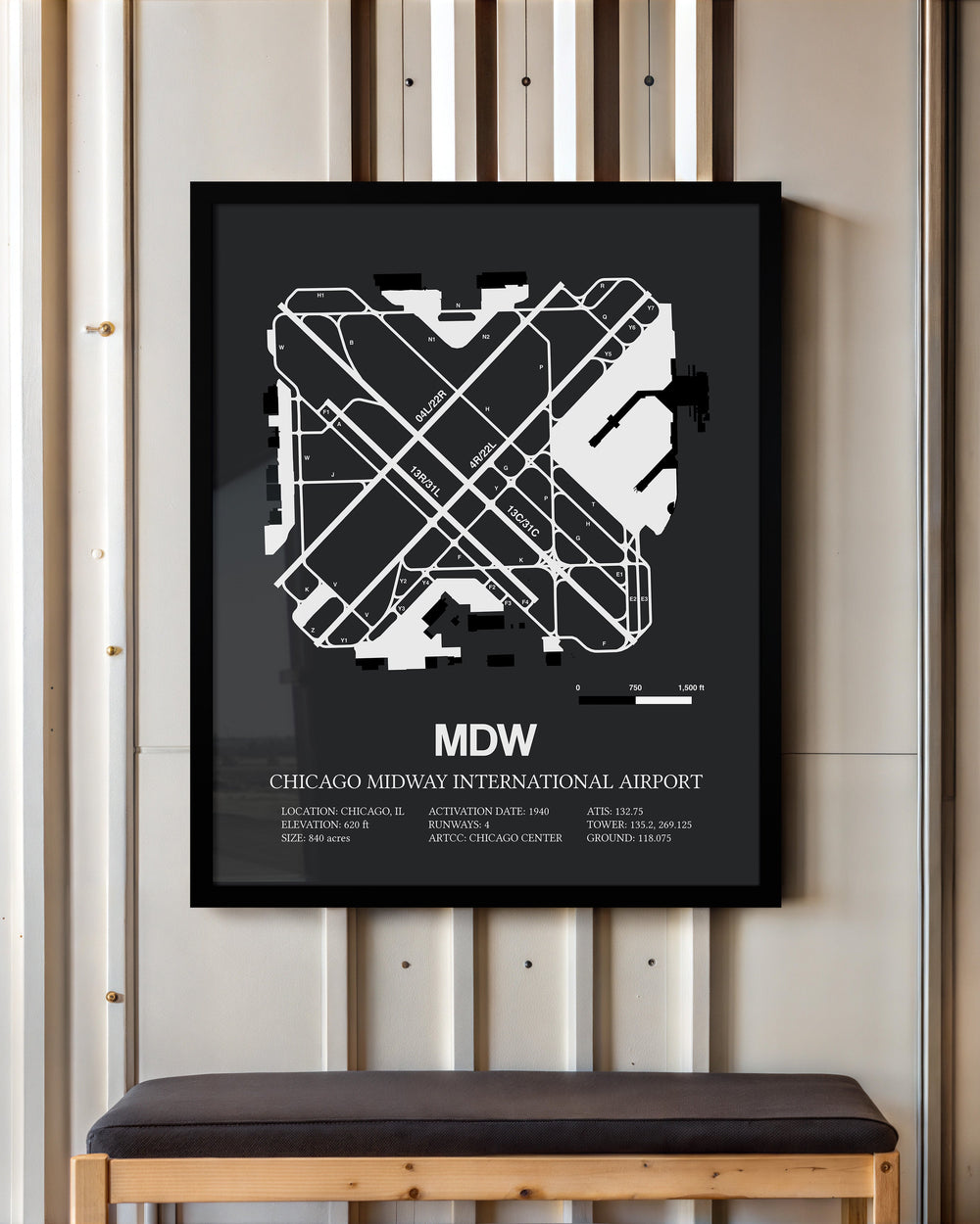 Framed Detailed Airport Map of Chicago Midway International Airport (MDW) in Gray with a Black Frame