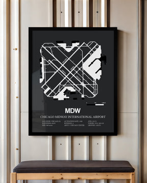 Framed Detailed Airport Map of Chicago Midway International Airport (MDW) in Gray with a Black Frame