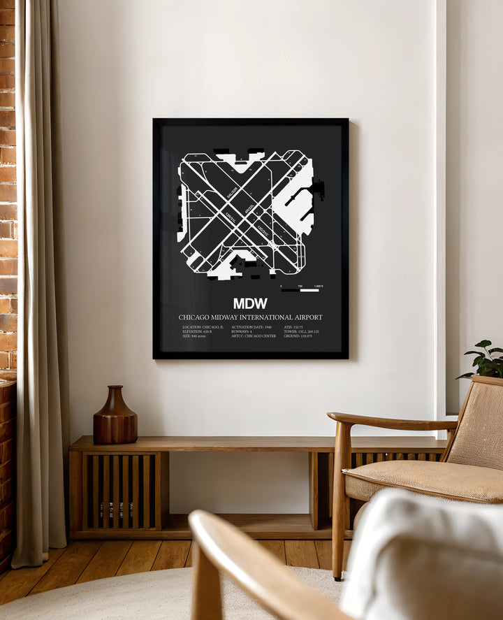 Framed Detailed Airport Map of Chicago Midway International Airport (MDW) in Gray with a Black Frame