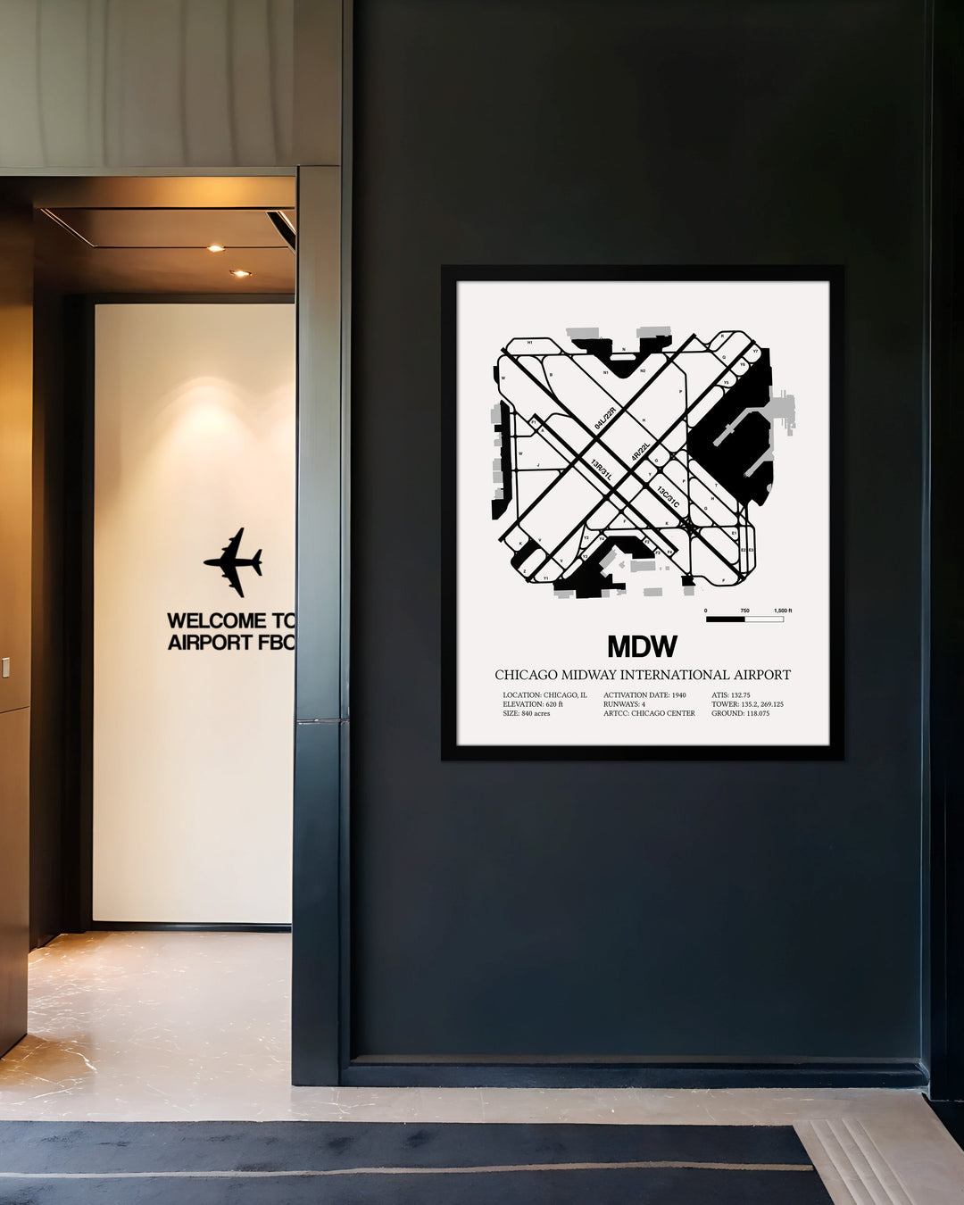 Framed Detailed Airport Map of Chicago Midway International Airport (MDW) in White with a Black Frame