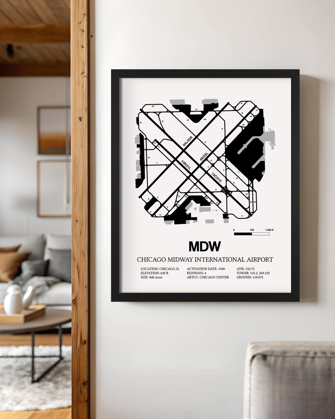 Framed Detailed Airport Map of Chicago Midway International Airport (MDW) in White with a Black Frame