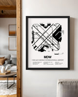 Framed Detailed Airport Map of Chicago Midway International Airport (MDW) in White with a Black Frame