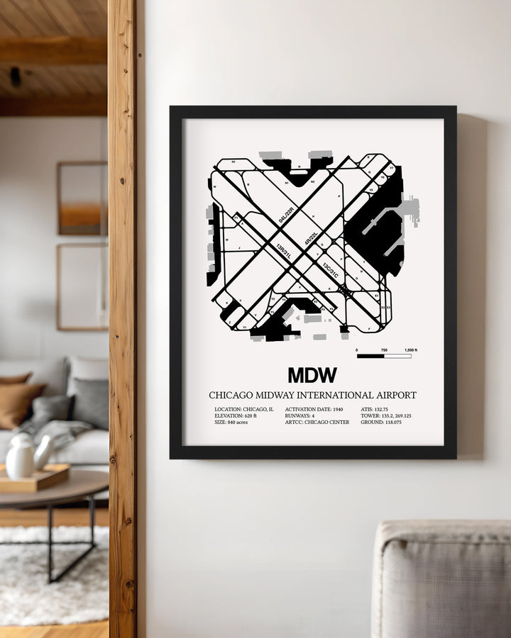 Framed Detailed Airport Map of Chicago Midway International Airport (MDW) in White with a Black Frame