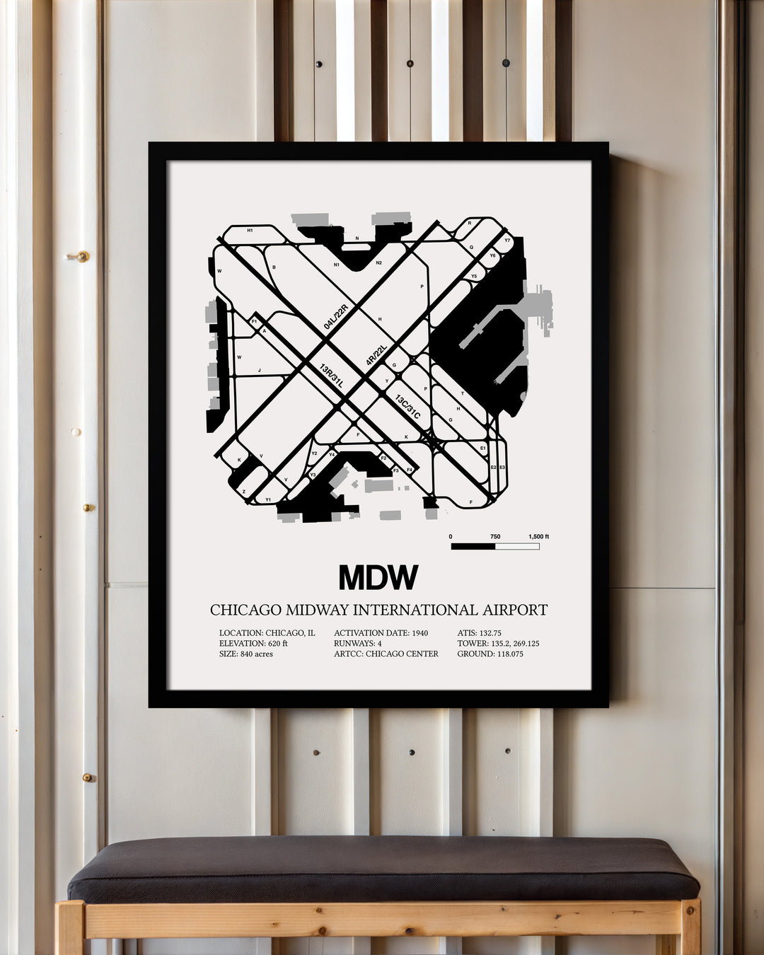 Framed Detailed Airport Map of Chicago Midway International Airport (MDW) in White with a Black Frame