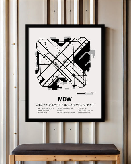 Framed Detailed Airport Map of Chicago Midway International Airport (MDW) in White with a Black Frame