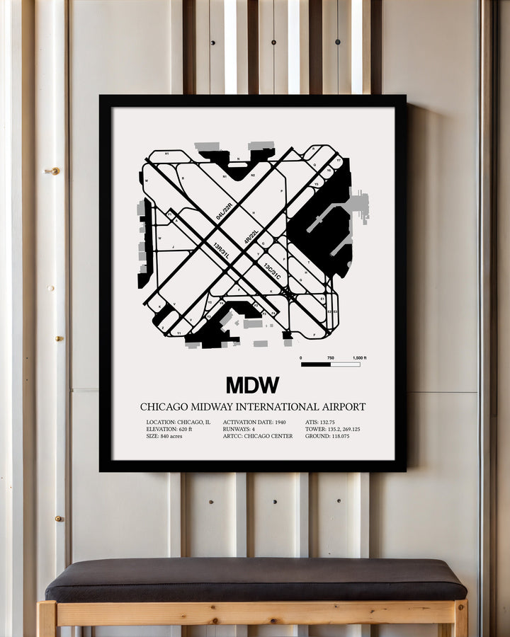 Framed Detailed Airport Map of Chicago Midway International Airport (MDW) in White with a Black Frame