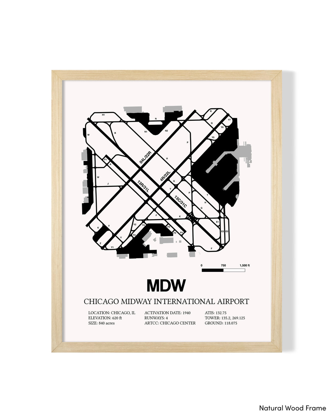 Detailed Airport Map of Chicago Midway International Airport (MDW) in White with a Natural Frame