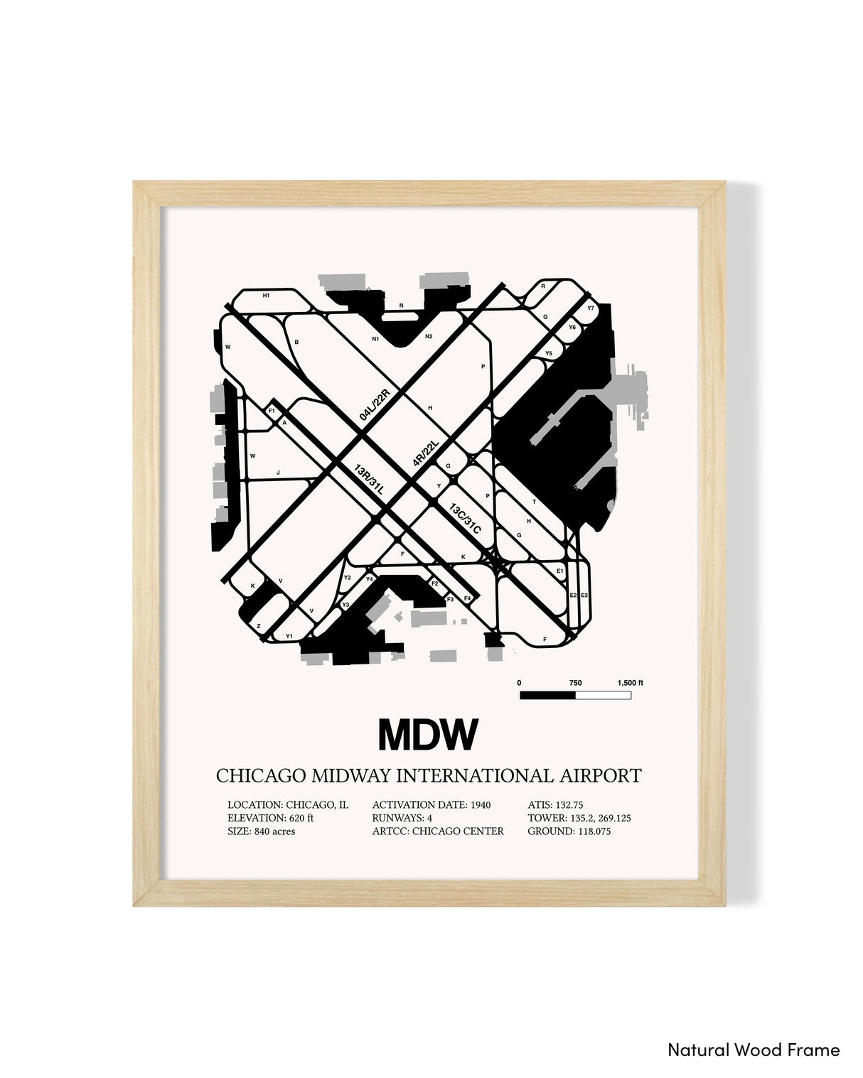 Detailed Airport Map of Chicago Midway International Airport (MDW) in White with a Natural Frame