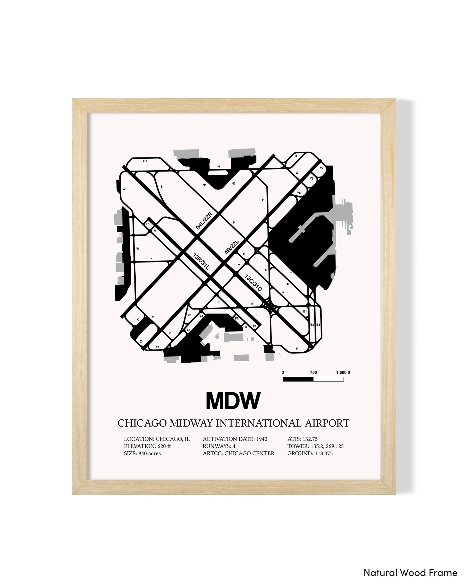 Detailed Airport Map of Chicago Midway International Airport (MDW) in White with a Natural Frame