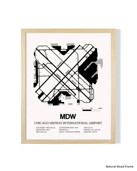 Detailed Airport Map of Chicago Midway International Airport (MDW) in White with a Natural Frame