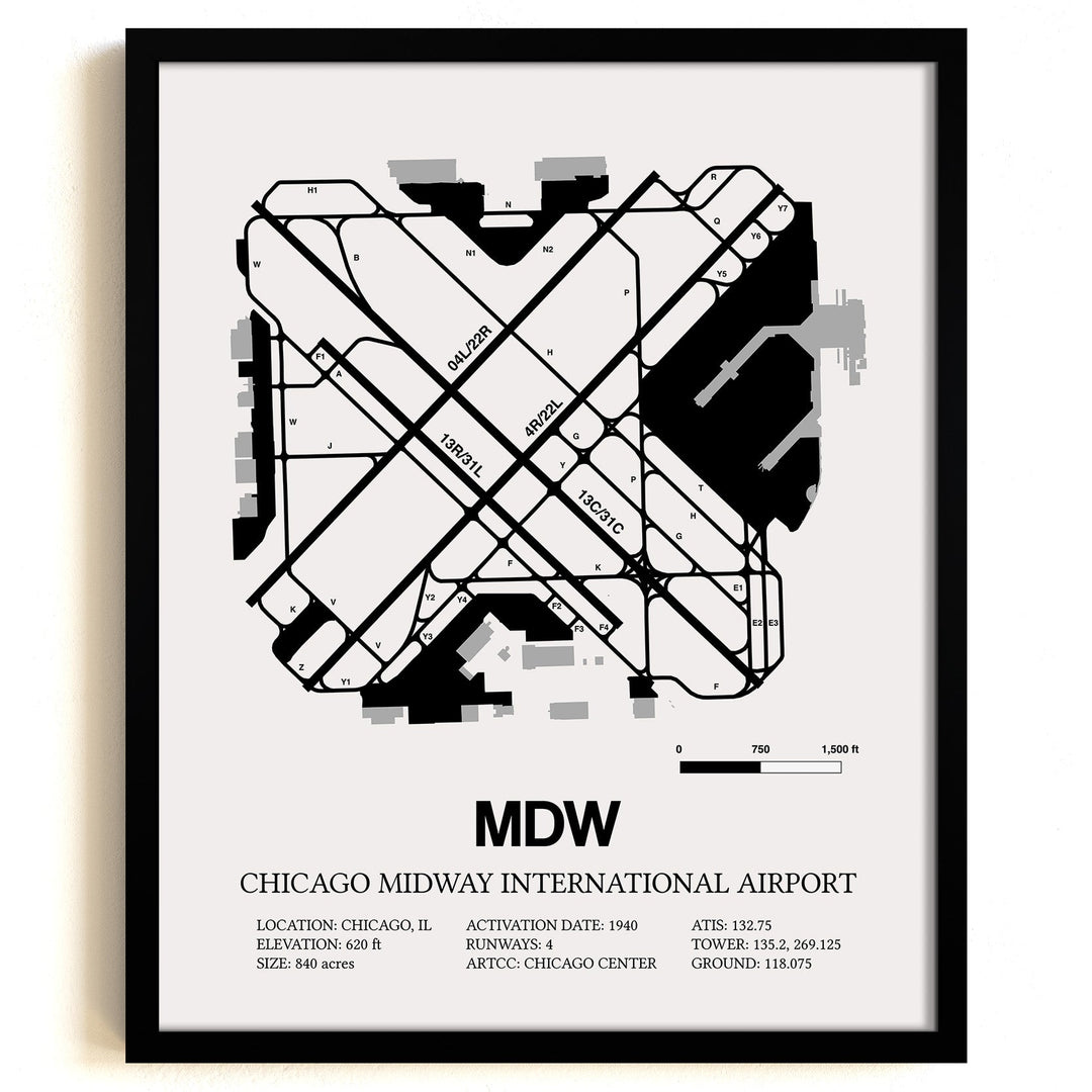Framed Detailed Airport Map of Chicago Midway International Airport (MDW) in White with a Black Frame