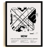 Framed Detailed Airport Map of Chicago Midway International Airport (MDW) in White with a Black Frame