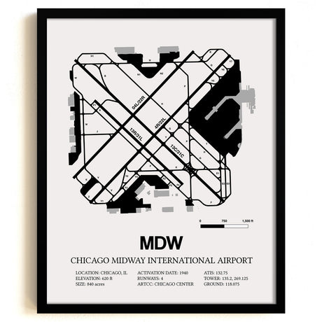 Framed Detailed Airport Map of Chicago Midway International Airport (MDW) in White with a Black Frame