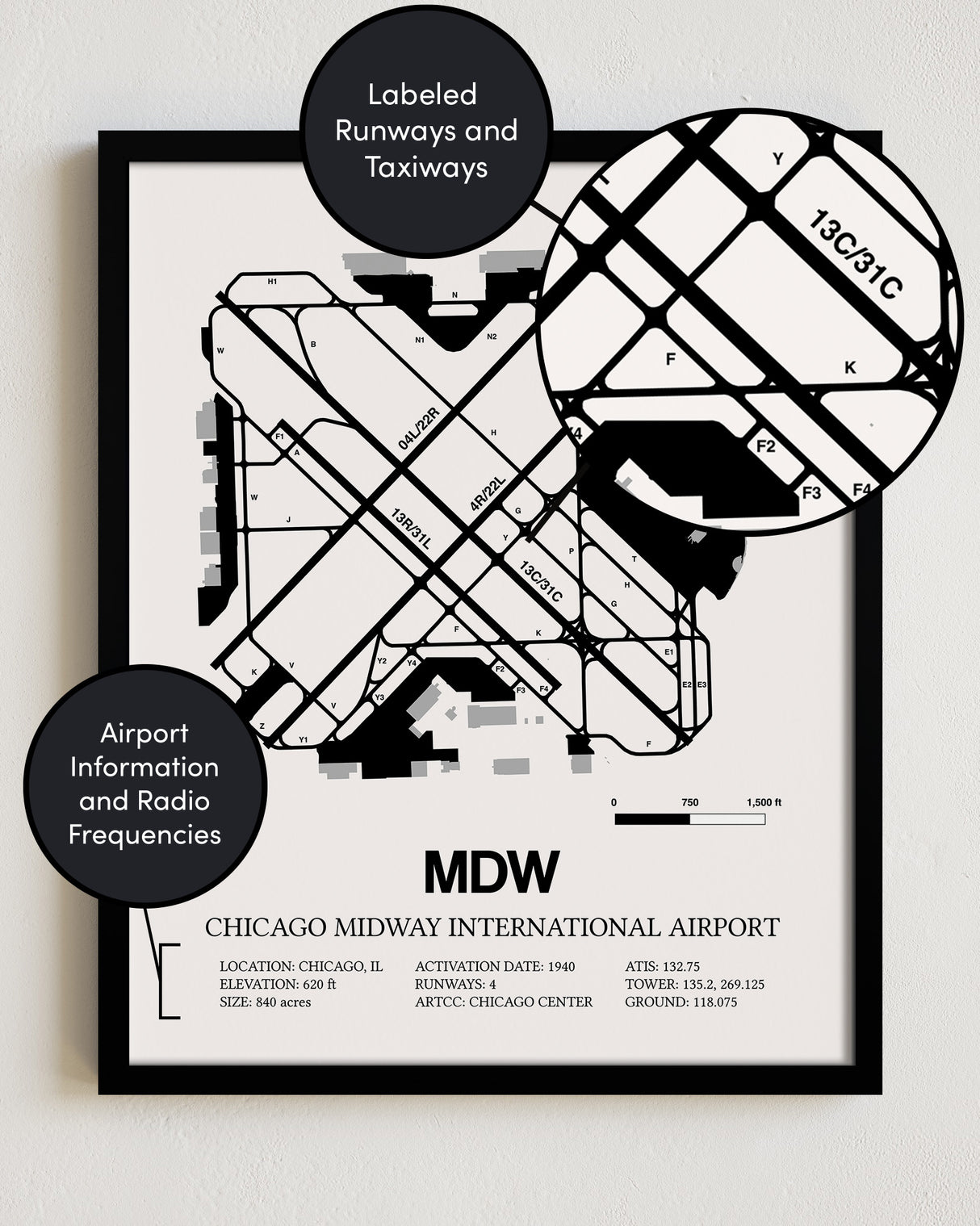 Framed Detailed Airport Map of Chicago Midway International Airport (MDW) in White with a Black Frame