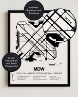 Framed Detailed Airport Map of Chicago Midway International Airport (MDW) in White with a Black Frame