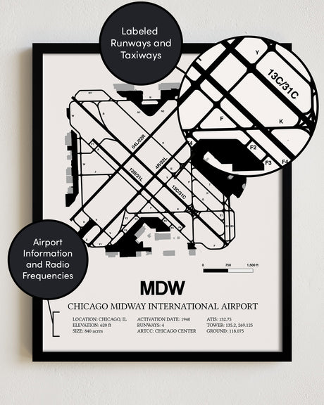 Framed Detailed Airport Map of Chicago Midway International Airport (MDW) in White with a Black Frame