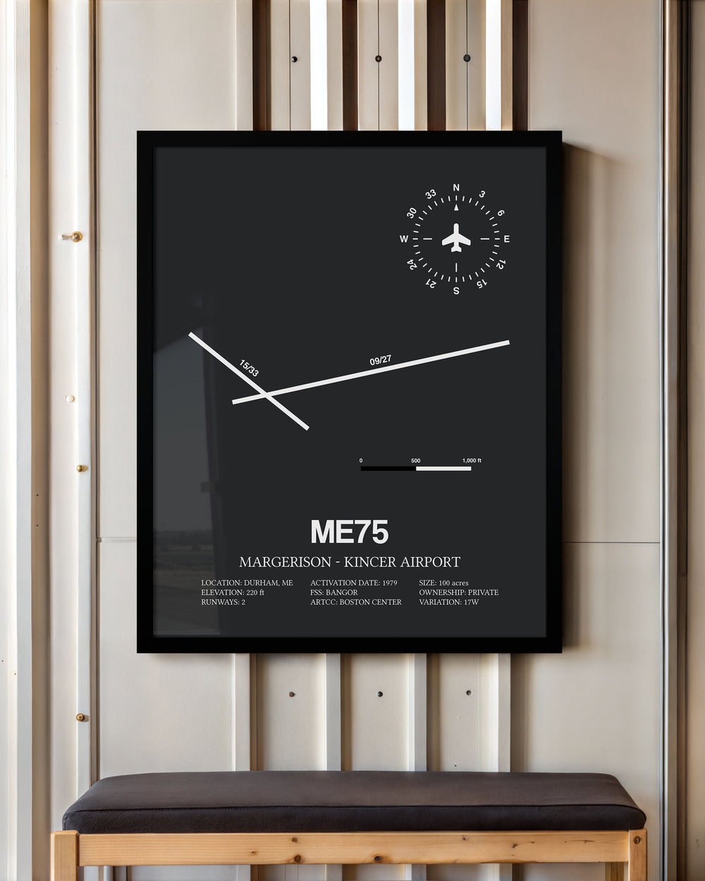 Framed Detailed Airport Map of Margerison-Kincer Airport (ME75) in Gray with a Black Frame