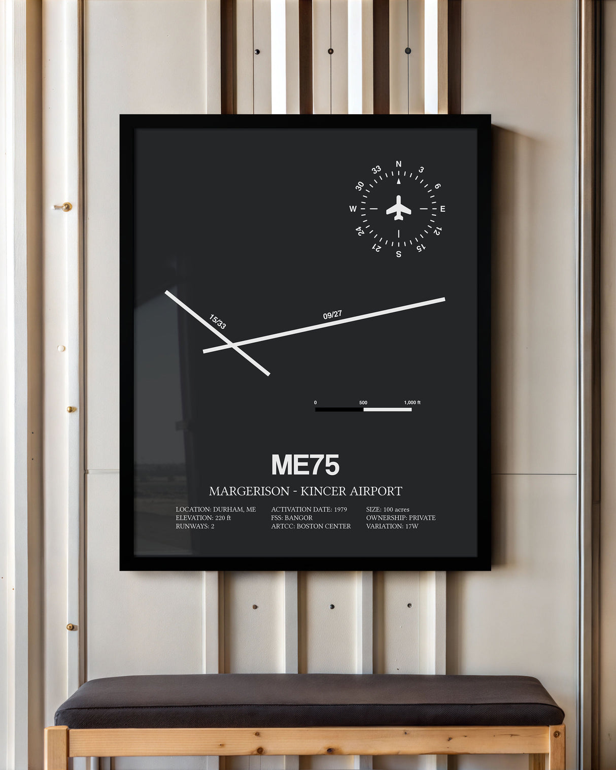 Framed Detailed Airport Map of Margerison-Kincer Airport (ME75) in Gray with a Black Frame