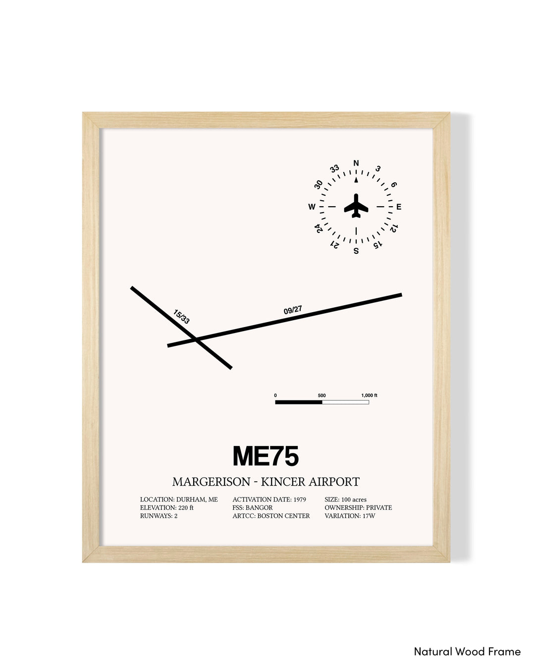 Detailed Airport Map of Margerison-Kincer Airport (ME75) in White with a Natural Frame