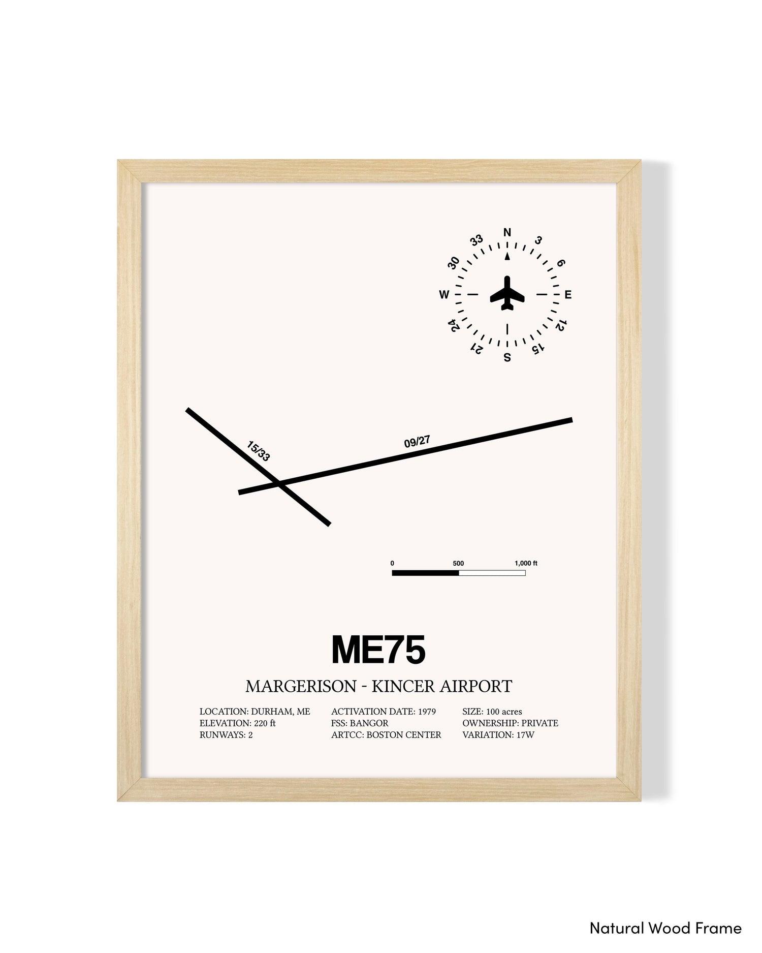 Detailed Airport Map of Margerison-Kincer Airport (ME75) in White with a Natural Frame