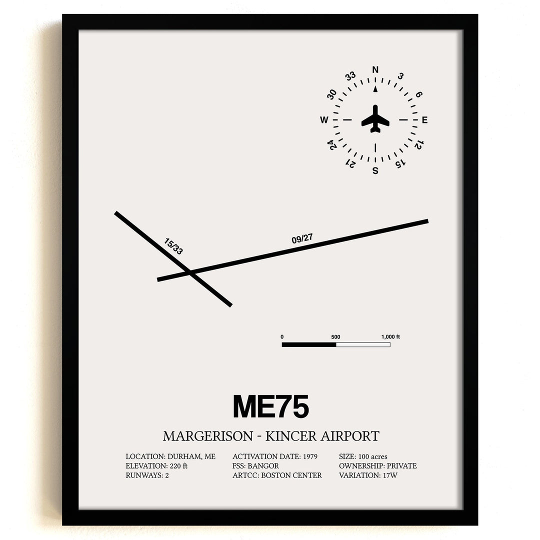 Framed Detailed Airport Map of Margerison-Kincer Airport (ME75) in White with a Black Frame