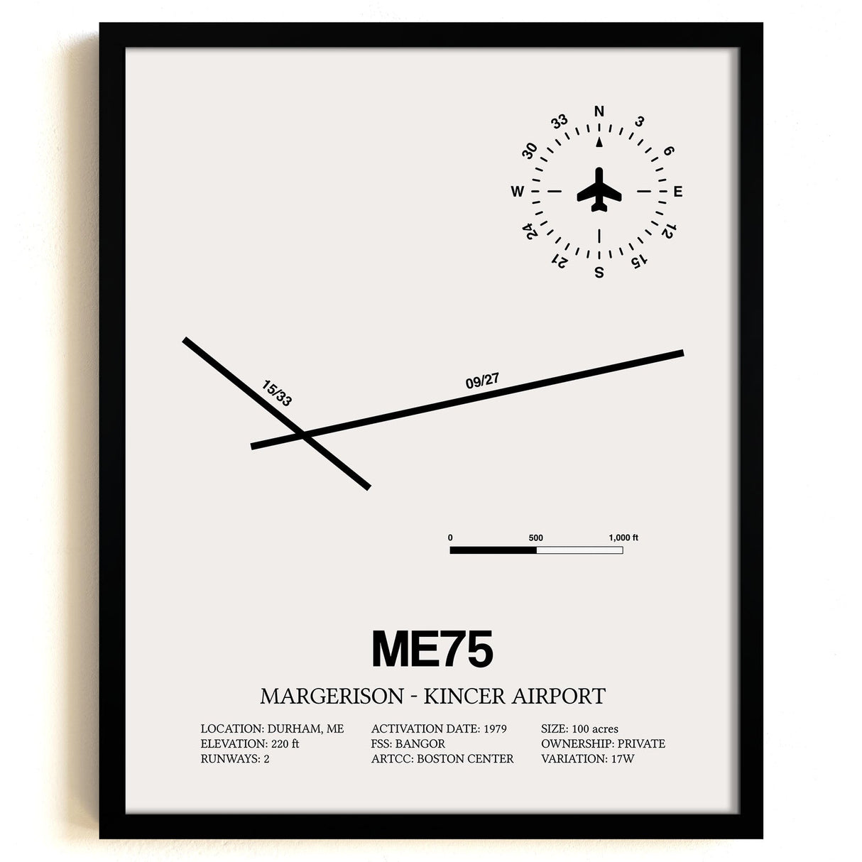 Framed Detailed Airport Map of Margerison-Kincer Airport (ME75) in White with a Black Frame