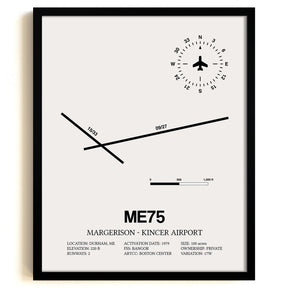 Framed Detailed Airport Map of Margerison-Kincer Airport (ME75) in White with a Black Frame