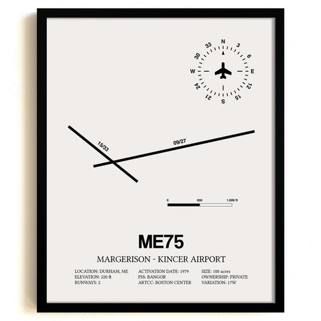 Framed Detailed Airport Map of Margerison-Kincer Airport (ME75) in White with a Black Frame