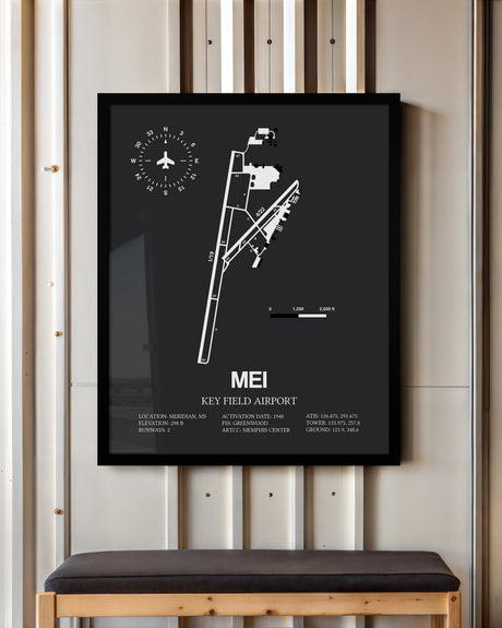 Framed Detailed Airport Map of Key Field Airport (MEI) in Gray with a Black Frame