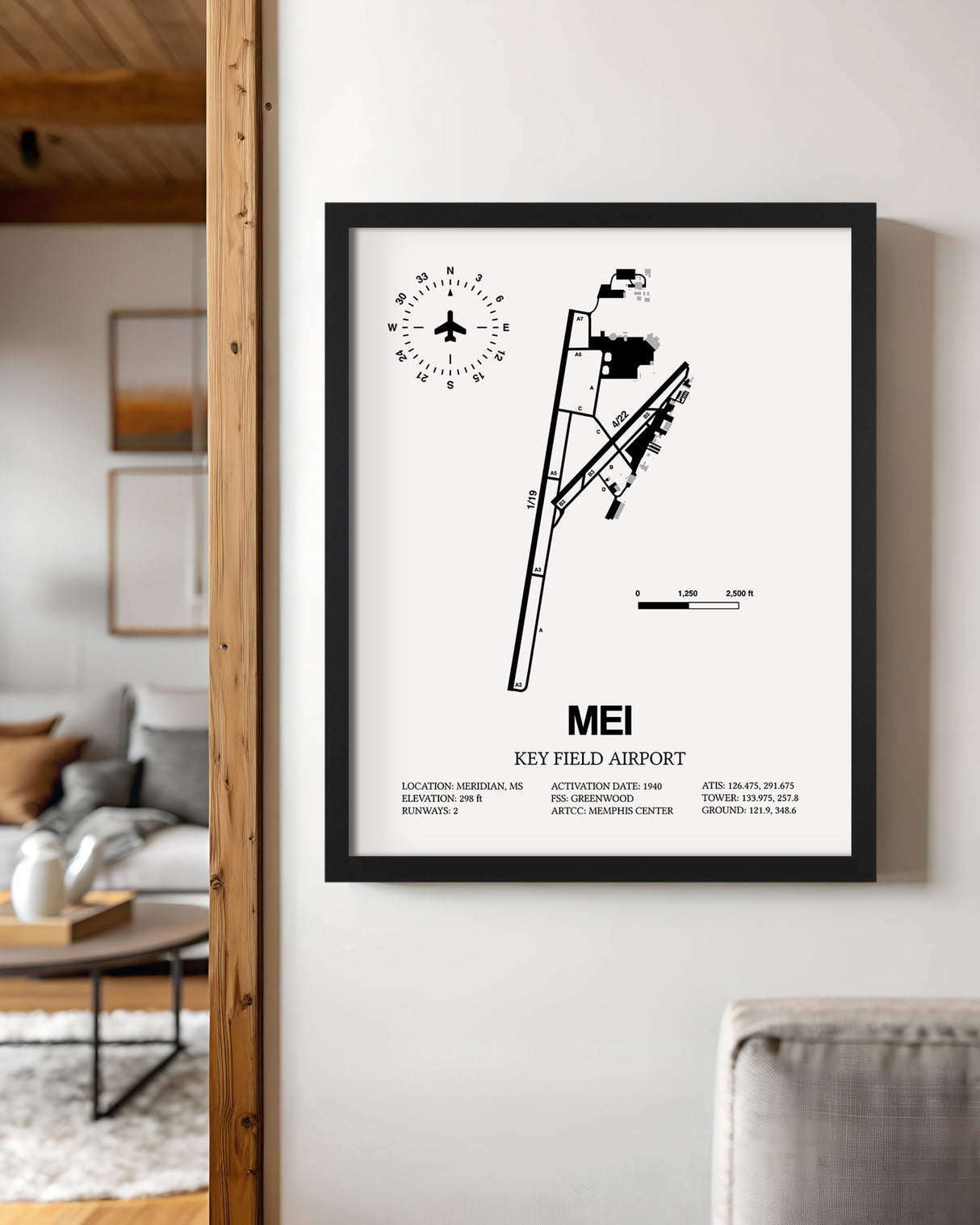 Framed Detailed Airport Map of Key Field Airport (MEI) in White with a Black Frame