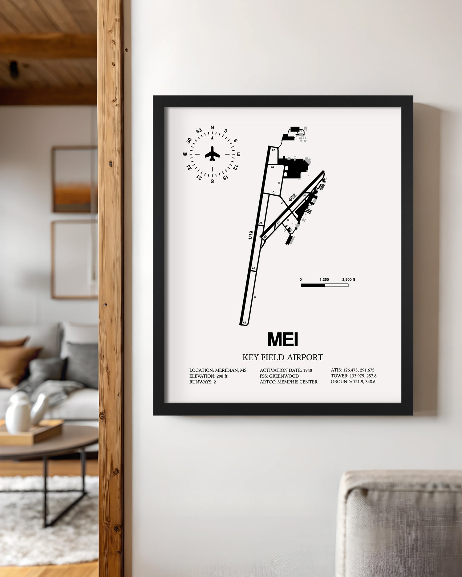 Framed Detailed Airport Map of Key Field Airport (MEI) in White with a Black Frame