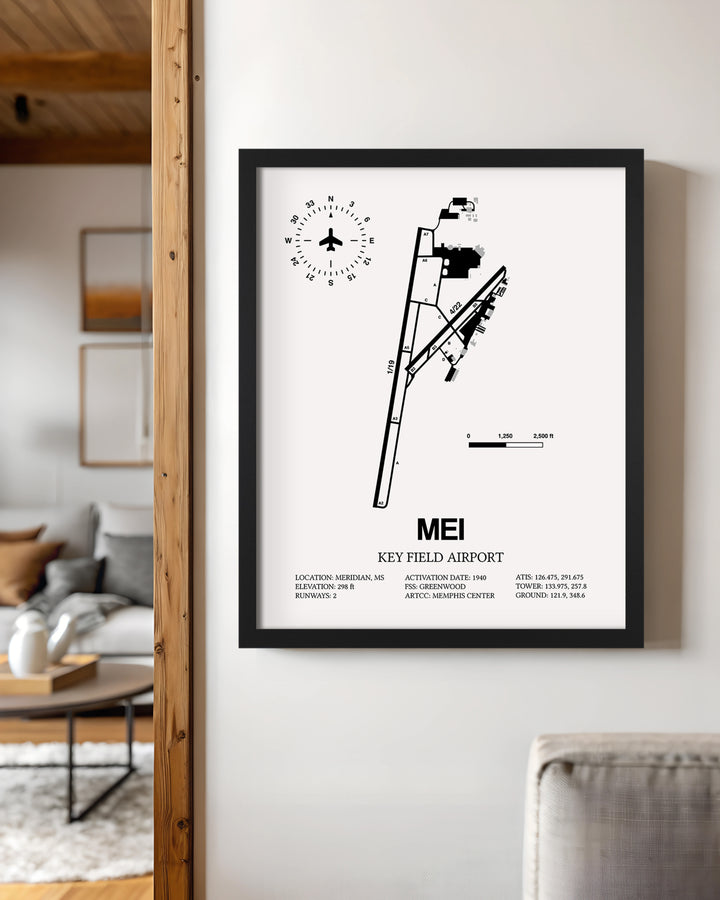 Framed Detailed Airport Map of Key Field Airport (MEI) in White with a Black Frame