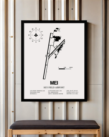 Framed Detailed Airport Map of Key Field Airport (MEI) in White with a Black Frame