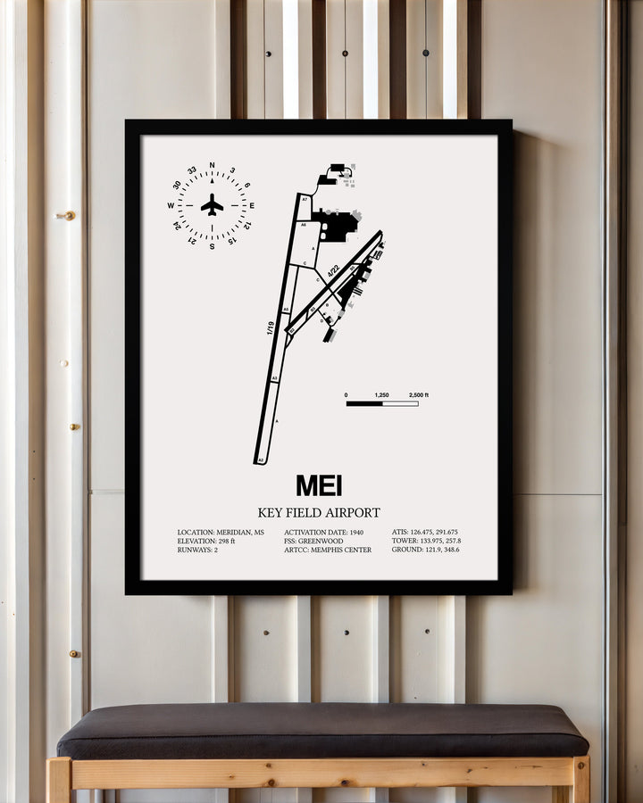Framed Detailed Airport Map of Key Field Airport (MEI) in White with a Black Frame