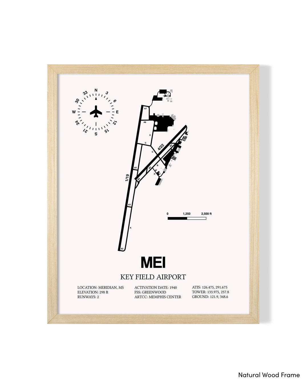 Detailed Airport Map of Key Field Airport (MEI) in White with a Natural Frame