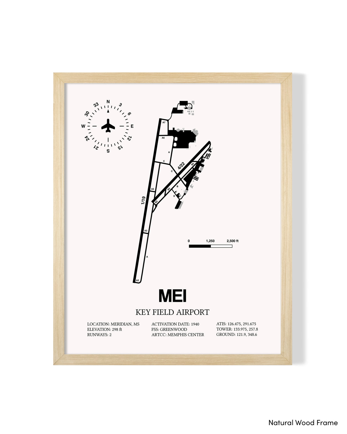 Detailed Airport Map of Key Field Airport (MEI) in White with a Natural Frame
