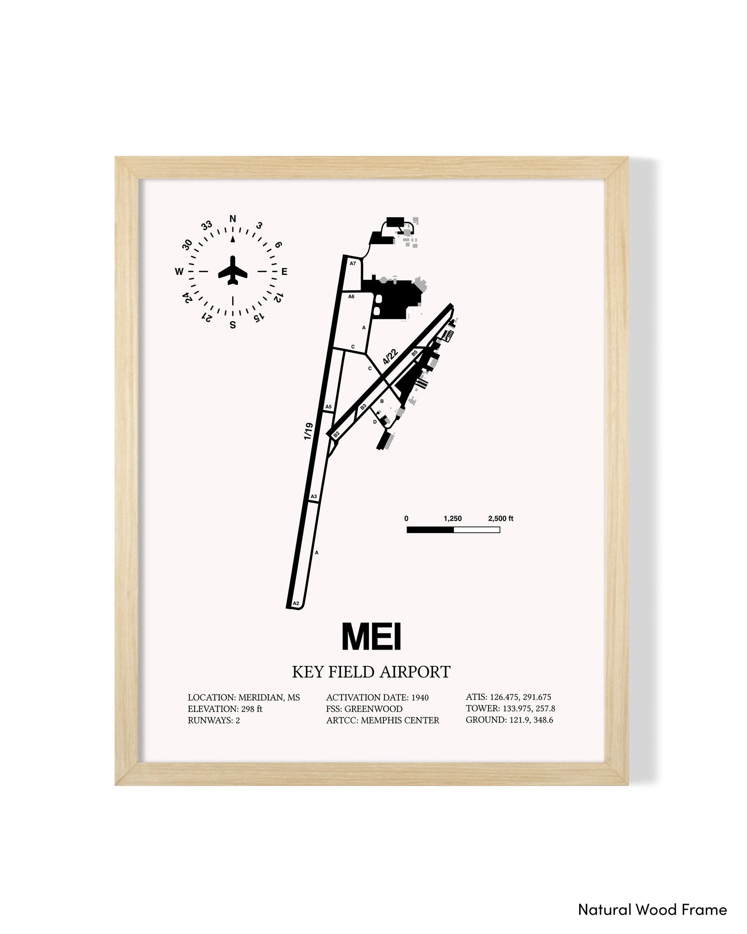 Detailed Airport Map of Key Field Airport (MEI) in White with a Natural Frame