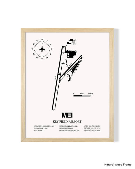 Detailed Airport Map of Key Field Airport (MEI) in White with a Natural Frame