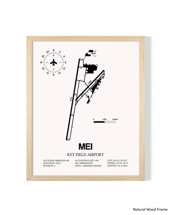 Detailed Airport Map of Key Field Airport (MEI) in White with a Natural Frame