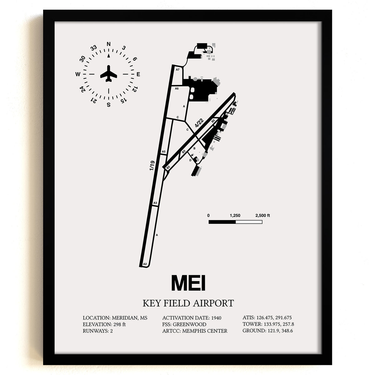 Framed Detailed Airport Map of Key Field Airport (MEI) in White with a Black Frame