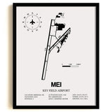 Framed Detailed Airport Map of Key Field Airport (MEI) in White with a Black Frame