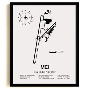 Framed Detailed Airport Map of Key Field Airport (MEI) in White with a Black Frame