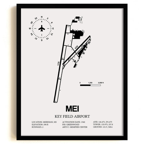 Framed Detailed Airport Map of Key Field Airport (MEI) in White with a Black Frame